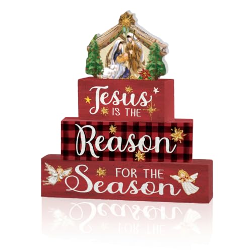Smile 4 Pcs Wooden Christmas Block Signs - Jesus Nativity Scene Decor