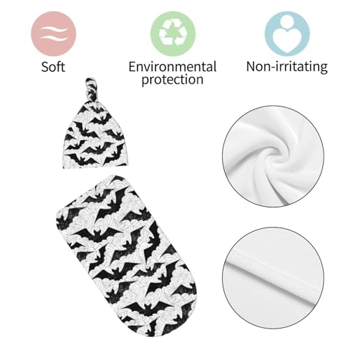 Black Bat Goth Swaddle Blanket Set with Beanie Hat for Newborns