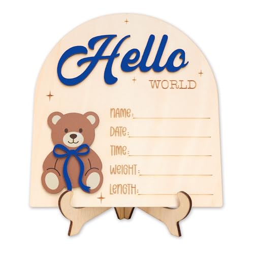 Wooden Hello World Baby Announcement Sign with Bear - Newborn Photo Prop