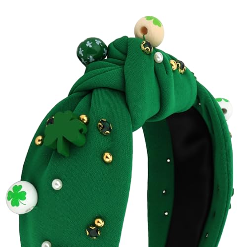 St Patrick's Day Green Top Knot Headband with Shamrock Beads & Pearls