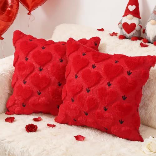 Valentine's Day Pillow Covers Set of 2, 18x18 Inch Red Heart Plush
