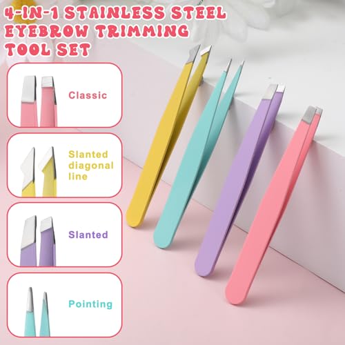 Zelphvt 4-Piece Mini Tweezer Set with Case Stainless Steel Precision Tweezers for Eyebrows and Ingrown Hair Removal