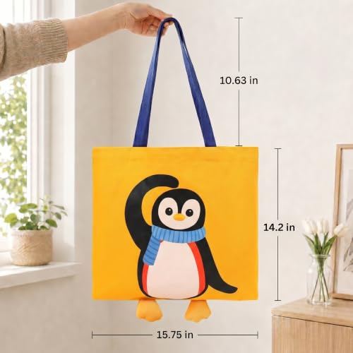 Qirrmiy 3D Penguin Canvas Tote Bag for Women - Reusable Shopping Bag