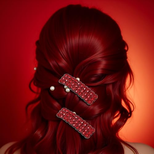 Red Rhinestone Hair Clips Korean Style Rectangular Barrettes 2 Pcs