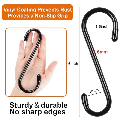 Heavy Duty S Hooks - 10 Pack 6 Inch Vinyl Coated Non-Slip Hooks for Hanging Plants, Clothes, and Tools