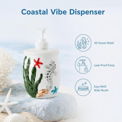 Ocean Ceramic Soap Dispenser - 3D Embossed Seahorse & Starfish