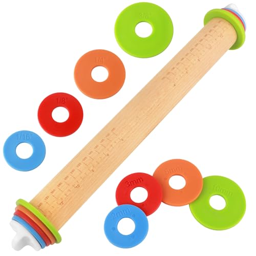 BIDFUL 17-Inch Natural Wood Adjustable Rolling Pin with Thickness Rings