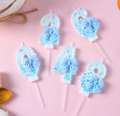 Number 2 Birthday Candle with Blue Bow - 3D Glitter Cake Topper