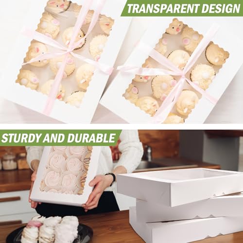 Rarapop Large White Bakery Boxes with Window - 16x11x2.5 Inch, 4 Pack