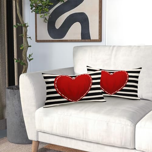 Valentine's Day Heart Lumbar Pillow Covers, 12x20 Inch Black & White, Set of 2