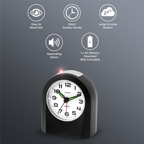 Sharp Small Battery Operated Analog Alarm Clock - Silent, Snooze, Pack of 2