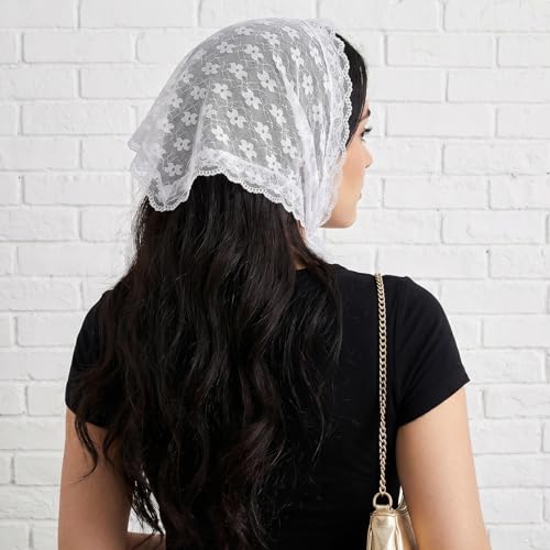 White Lace Head Scarf for Women - Boho Floral Hair Bandana