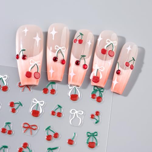 Cherry Nail Art Stickers 2 Sheets Cute Red Bow Self-Adhesive Decals