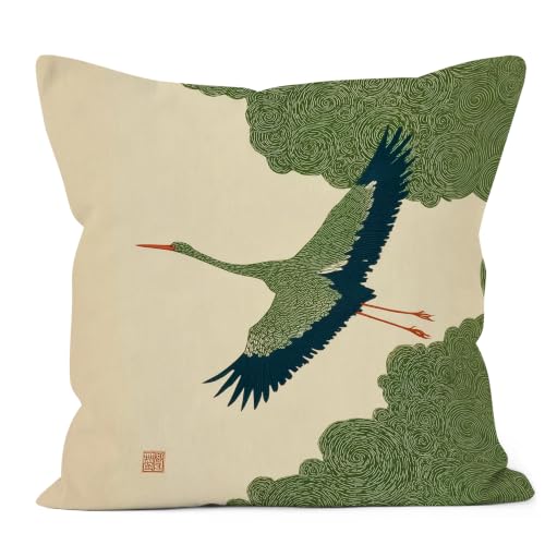 Japanese Green Crane Flannel Pillow Cover 18x18, Oriental Throw Case