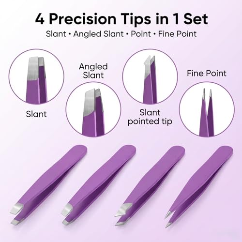 Purple Tweezers Set, 4 Pack Stainless Steel Precision Eyebrow Tweezers