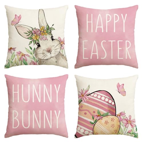 AVOIN Colorlife Happy Easter Bunny Throw Pillow Covers - Set of 4, 18" x 18"