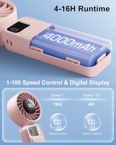 KinYiLO Portable Handheld Fan - 3-in-1 Rechargeable Cooling with 100 Speeds, 4000mAh Battery, Perfect for Outdoor & Travel (Pink)