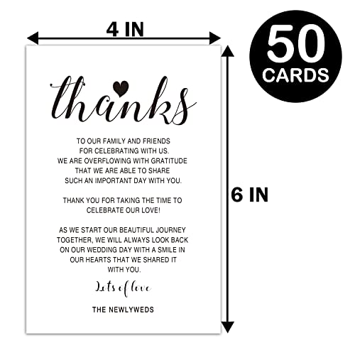 Wedding Reception Thank You Cards - 50 Place Setting Sign Cards, 4x6