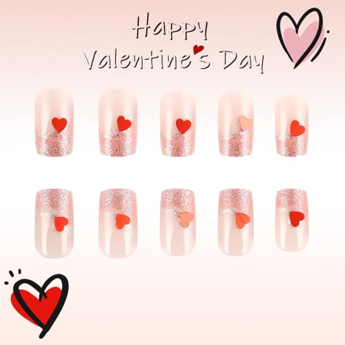 Valentines Press on Nails Medium French Tip with Red Heart Design