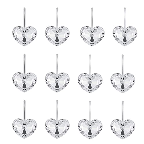 Crystal Heart Shower Curtain Hooks - Rust Resistant, Pack of 12