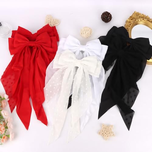 AMCAMI 6-Piece Large Long Tail Hair Bow Clips Set, Red Black White