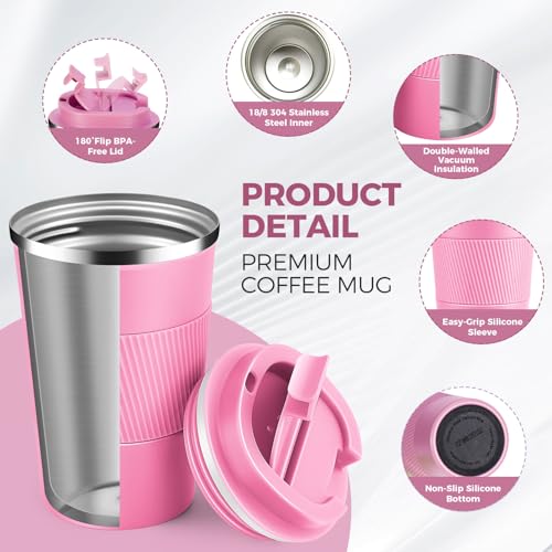 Volhoply Pink 13oz Stainless Steel Insulated Travel Coffee Cup with Leak-Proof Lid