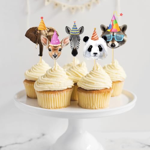 24 Pcs Safari Animals Cupcake Toppers - Jungle Birthday Decorations