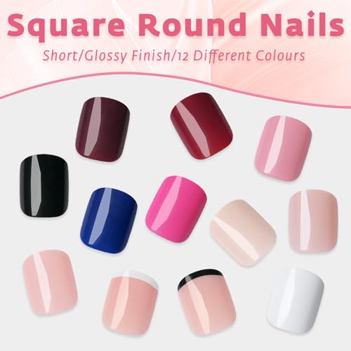 Bellelfin Short Square Press on Nails Kit - 288Pcs Glossy French Fake Nails