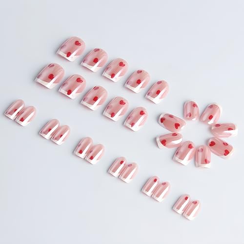 Valentine Press on Nails Short Square French Heart Fake Nails Acrylic