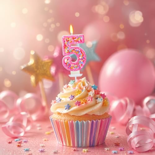 Number 5 Birthday Candle - Hot Pink Star Sequin Cake Topper Decoration