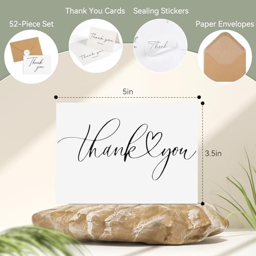Azureal 52-Pack Thank You Cards with Envelopes & Stickers - 3.5x5 Inch Personalizable Notes for Weddings, Bridal Showers, Graduations & Business
