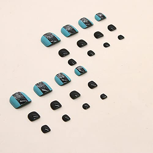 Short Press On Toenails Glossy Square False Toe Nails With Silver Glitter
