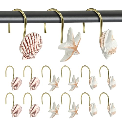 Gold Seashell Shower Curtain Hooks - 12 Pack Rust-Proof Decor