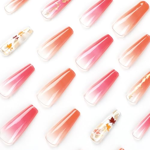 Maple Leaf Press On Nails Long Coffin French Red Gradient Fake Nails