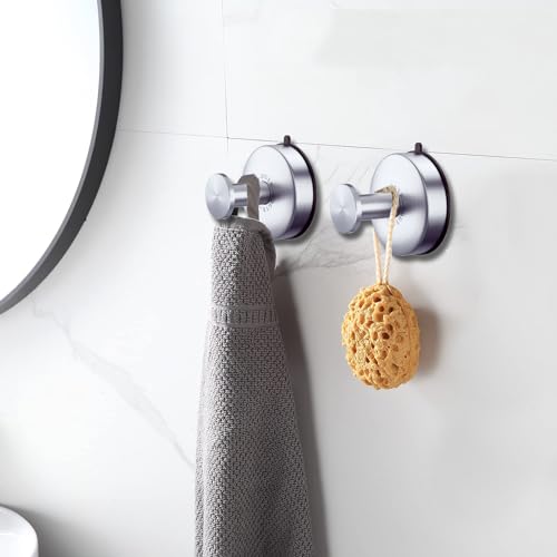 DGYB 2 Pack Brushed Nickel Suction Cup Hooks for Bathroom - Removable Wall Mount Towel & Robe Hooks