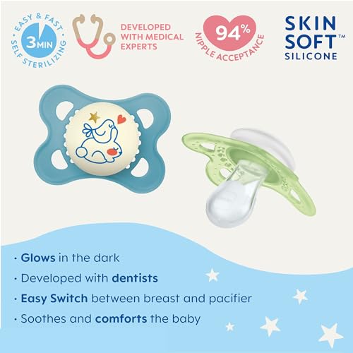 MAM Original Baby Pacifiers 0-6 Months, Artic Blue/Ivory, 4 Count - BPA-Free Silicone, Glows in the Dark
