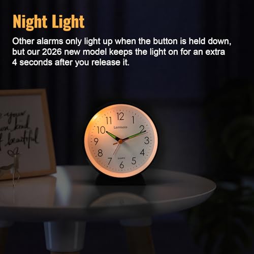 4.5 Inch Black Silent Analog Alarm Clock with Night Light