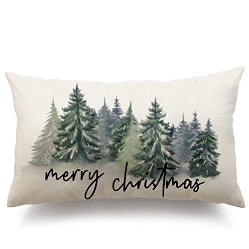 Rustic Christmas Pillow Cover 12x20, Dark Green Watercolor Forest Print