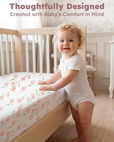 Nyessmee Fitted Crib Sheets for Baby, 2-Pack Pink Tulips, 52" x 28"