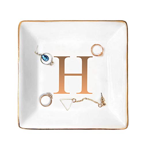 ANOTION Ceramic Jewelry Tray Ring Dish with Gold Initial Personalized Gift