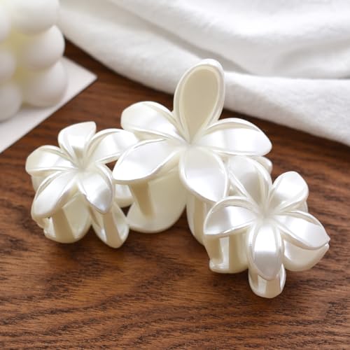Pearl White Plumeria Flower Hair Claw Clip 4.3 Inch for Thick Hair