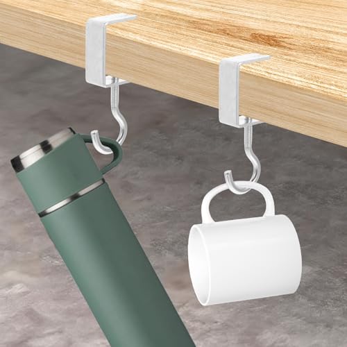 cobee Clamp-On Under Desk Hooks, Adjustable Metal Bag Hanger, 4 Pcs Silver