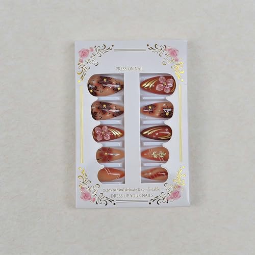 TEEKME Almond Press On Nails - Cozy Marbled Nude Pink & Caramel Floral Fake Nails
