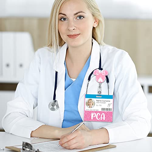 Plifal Pink Nurse Badge Buddy Card Holder Glitter Horizontal ID Tag for Personal Care Assistants
