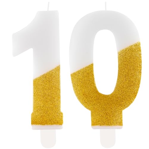 Hongplus White Gold Glitter Number 10 Birthday Candles Cake Topper