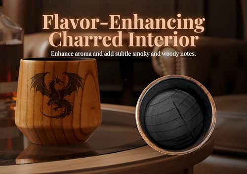 Charred Wooden Whiskey Glass - Handcrafted Bourbon Tumbler with Dragon Engraving, Perfect Gift for Men