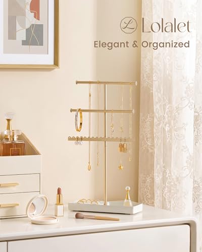 Gold 3-Tier Jewelry Organizer Stand - Metal Jewelry Holder for Necklaces, Earrings, Bracelets, Rings
