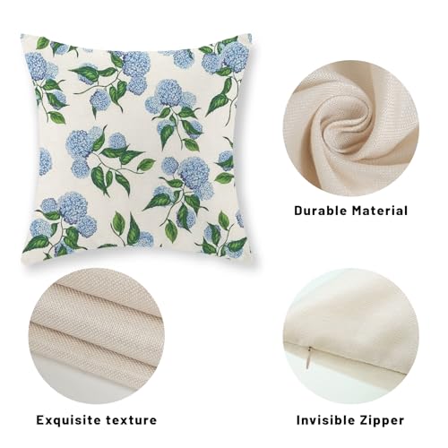 GOLIANDA Hydrangea Floral Linen Pillow Covers 18x18, Set of 2, Blue Green