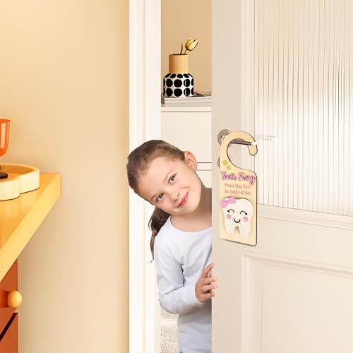 Tooth Fairy Door Hanger Kit for Kids - Wooden Sign & Coins Set