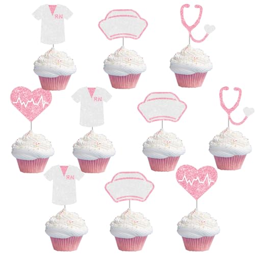 24-Piece Pink Nurse Graduation Cake Toppers Set - Stethoscope & Cap